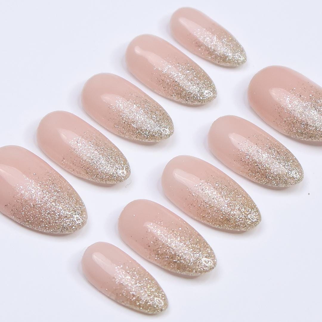 Blush Nude Ombre Press-On Nails With Champagne-Silver Glitter Tips