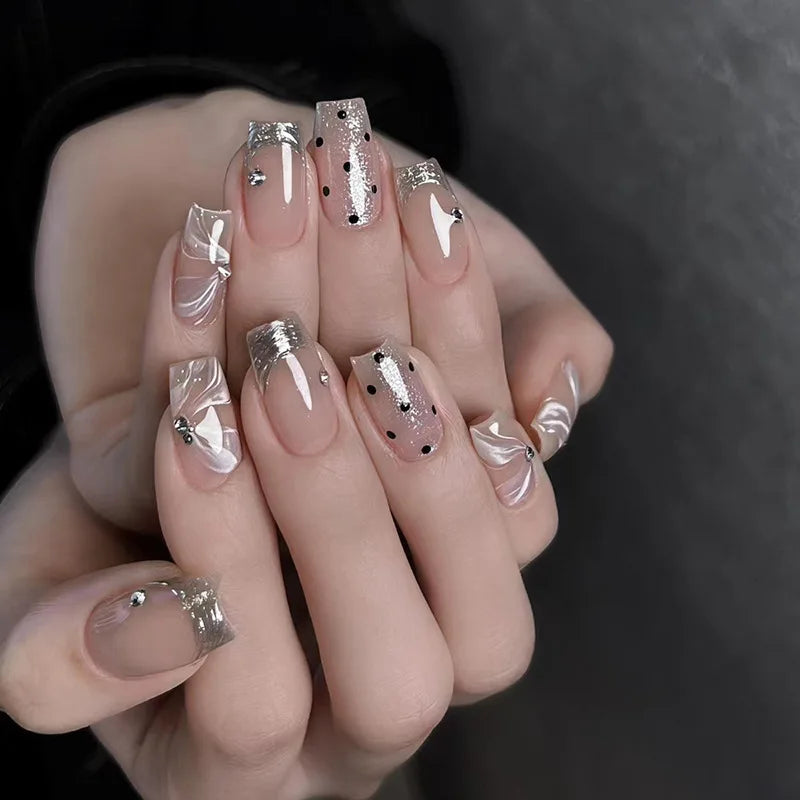 Blush Nude Press-On Nails with Silver Chrome Tips, Black Dots, Rhinestones and White Swirls