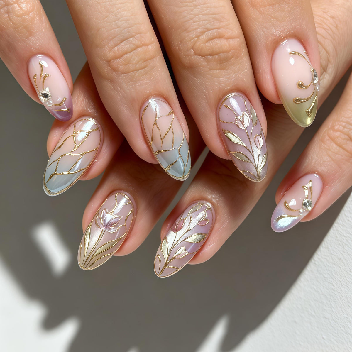 Blush Ombre Bridal Nails with Gold Veins, Floral Details, and Tiny Stones