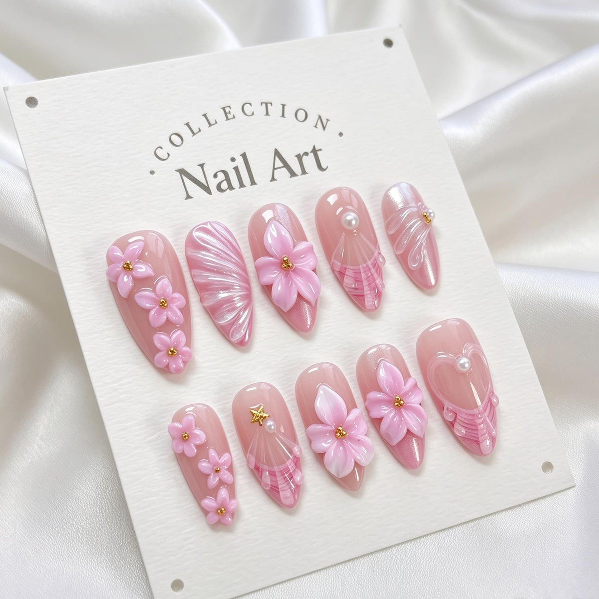 Blush Pink 3D Floral Nails With Pearly Shell Details