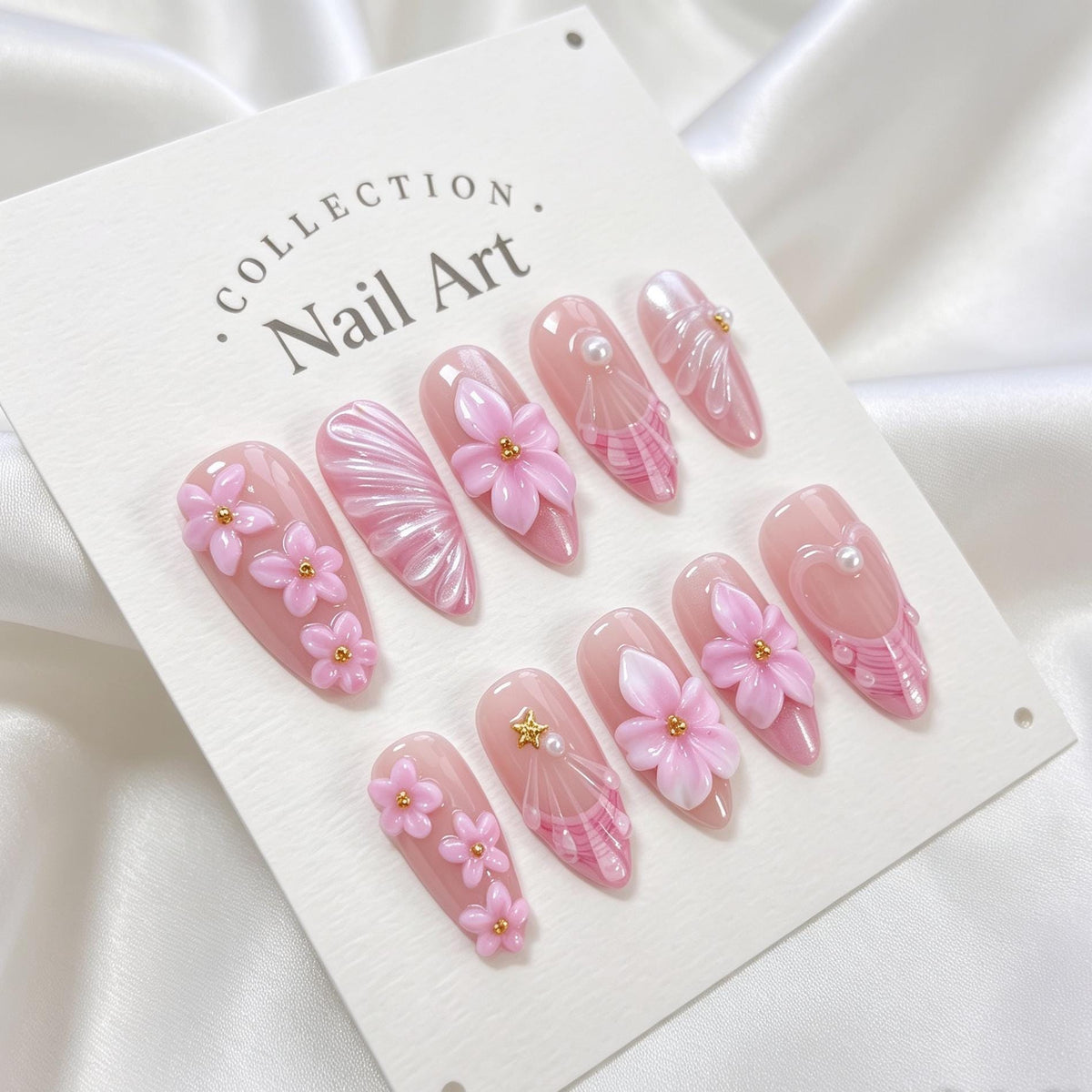 Blush Pink 3D Floral Nails With Pearly Shell Details