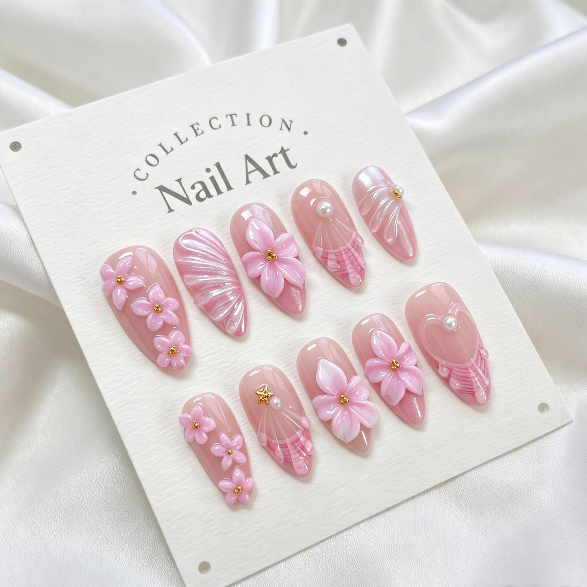 Blush Pink 3D Floral Nails With Pearly Shell Details