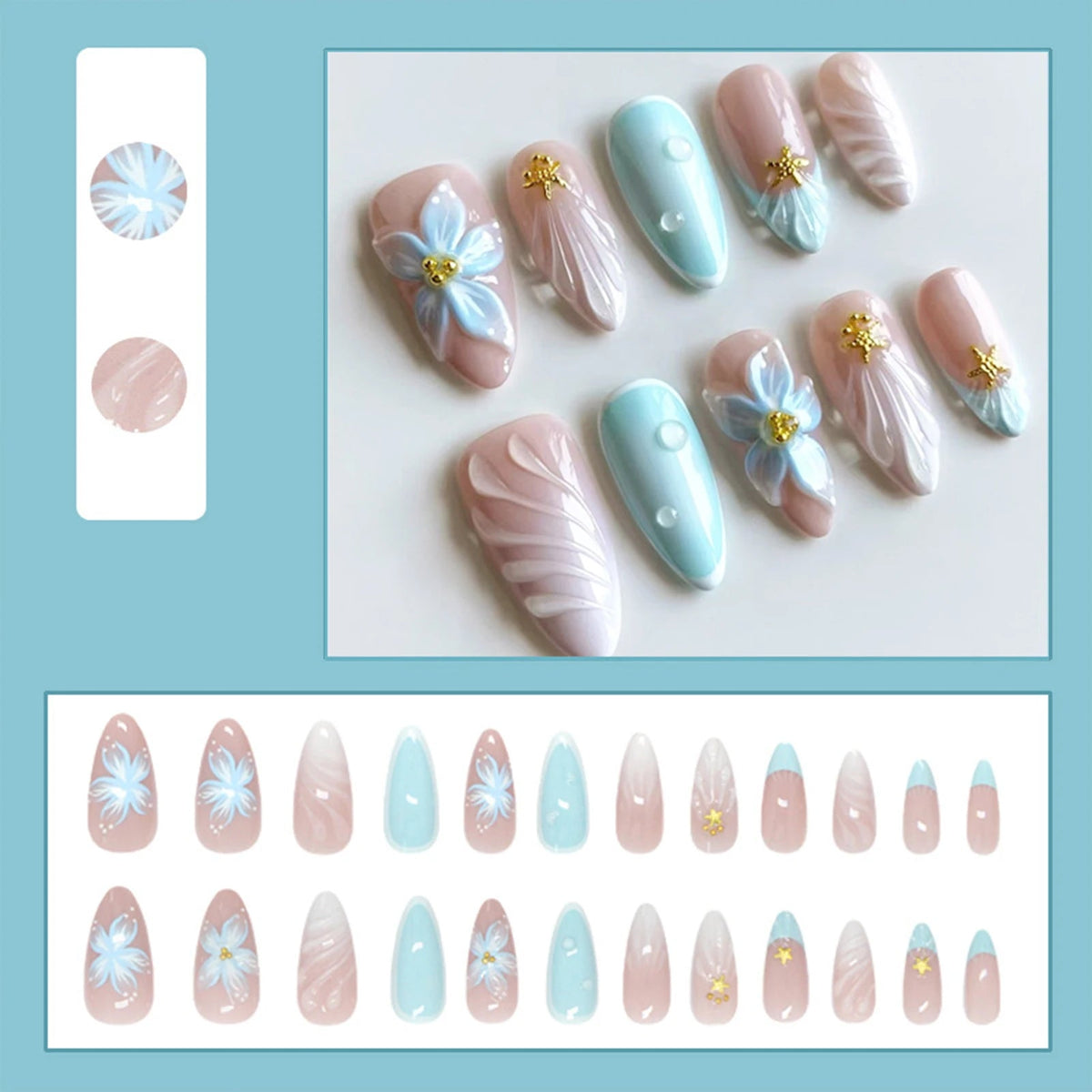 Blush Pink and Baby Blue 3D Flower French Tip Nail Set