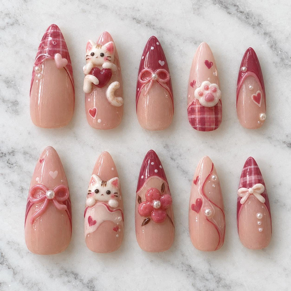 Blush Pink and Berry Red Plaid Cat, Bow, and Heart Nail Set