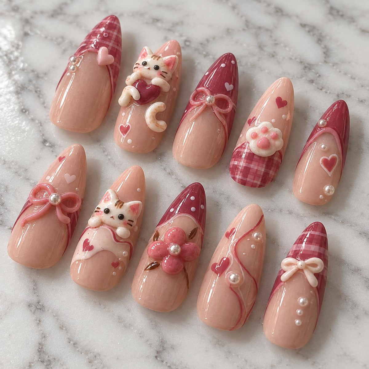 Blush Pink and Berry Red Plaid Cat, Bow, and Heart Nail Set