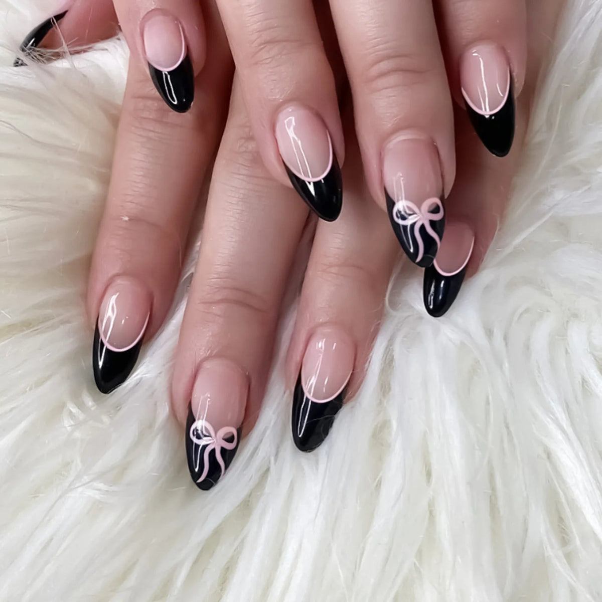 Blush Pink and Black French Tip Bow Nail Set