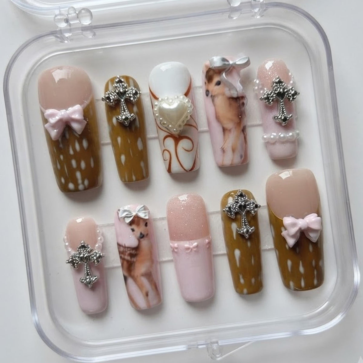 Blush Pink and Brown Fawn Press On Nails with Bows, Pearls and Cross Charms