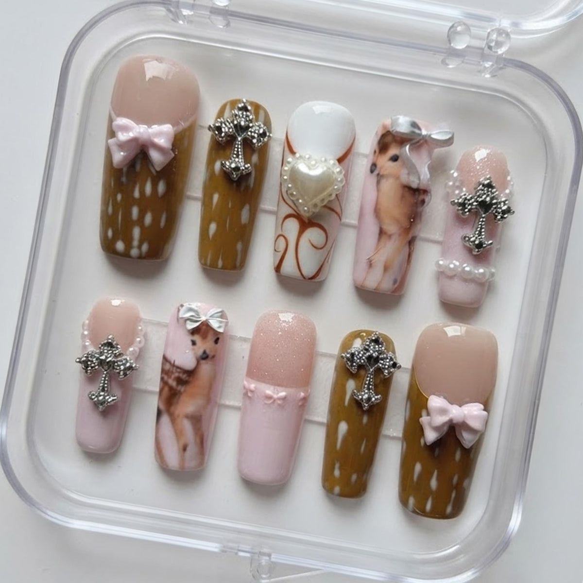 Blush Pink and Brown Fawn Press On Nails with Bows, Pearls and Cross Charms