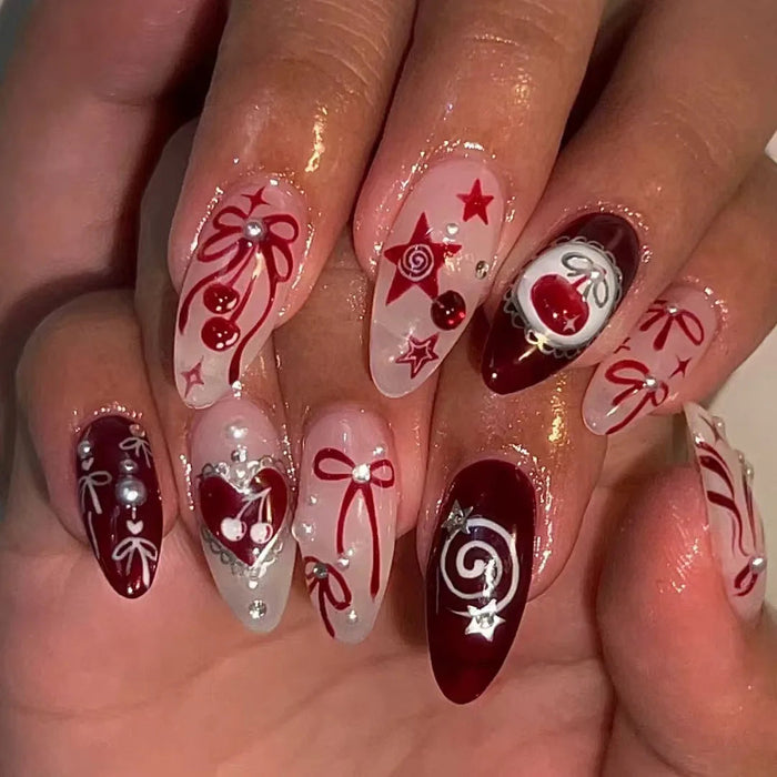 Blush Pink and Burgundy Bow Cherry Swirl Press On Nail Set with Stars and Silver Accents