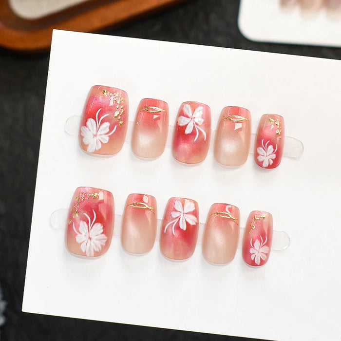 Blush Pink and Coral Blossom Press On Nails with Gold Accents