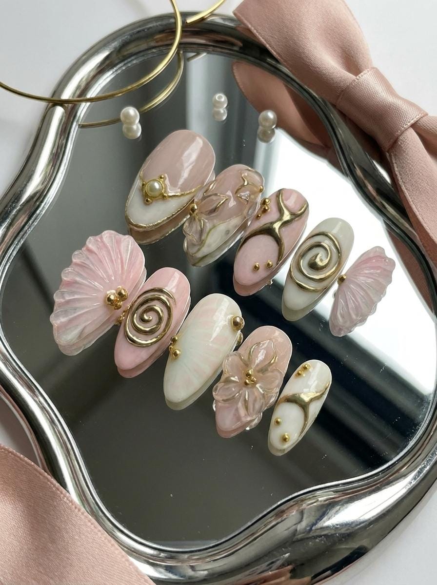Blush Pink and Ivory Bridal Nails with Gold Swirls, Shells and Floral Details