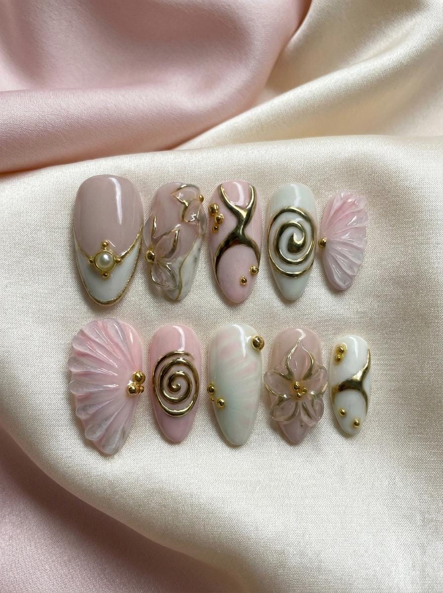 Blush Pink and Ivory Bridal Nails with Gold Swirls, Shells and Floral Details