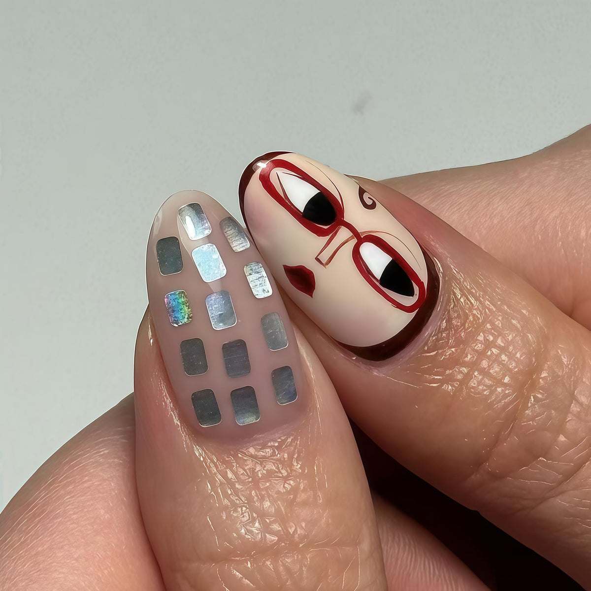 Blush Pink and Ivory Clown Face Polka Dot Nails with Iridescent Accents