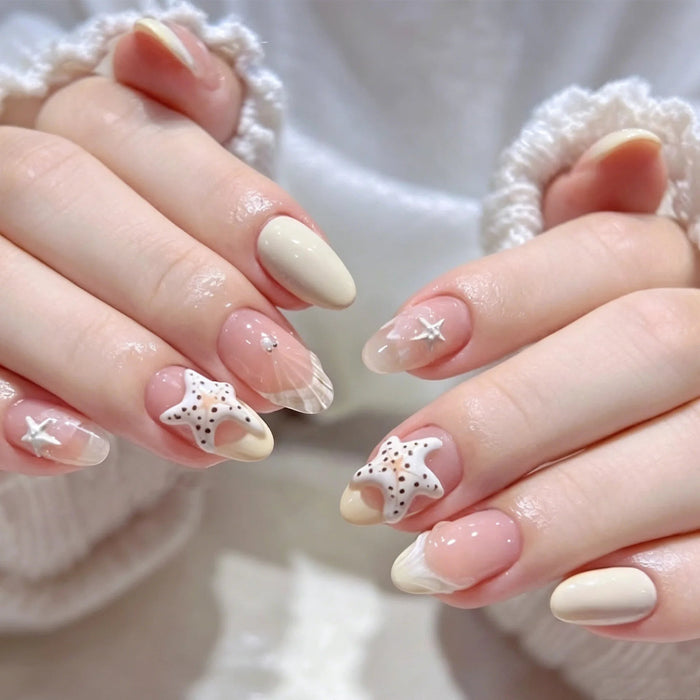 Blush Pink and Ivory Starfish Press On Nails with Raised 3D Details