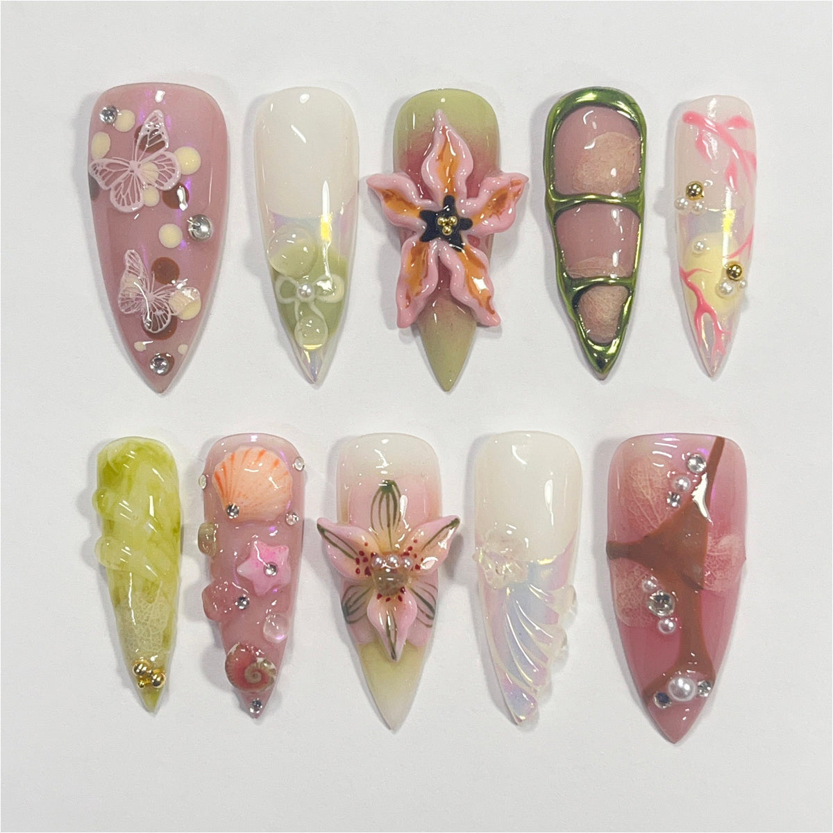 Blush Pink and Lime Fairy Garden Nails with 3D Flowers and Butterflies