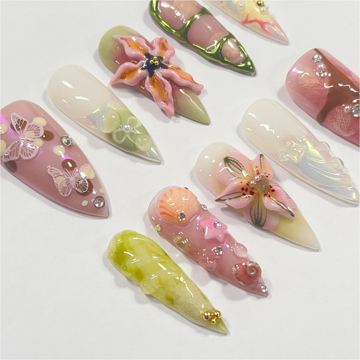 Blush Pink and Lime Fairy Garden Nails with 3D Flowers and Butterflies