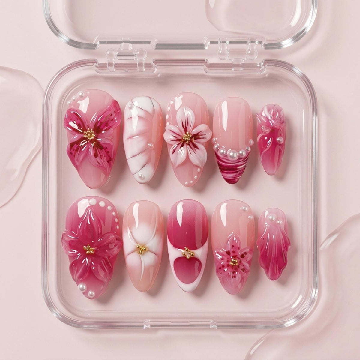Blush Pink and Magenta 3D Flower Press-On Nails with Pearls and Gold Beads