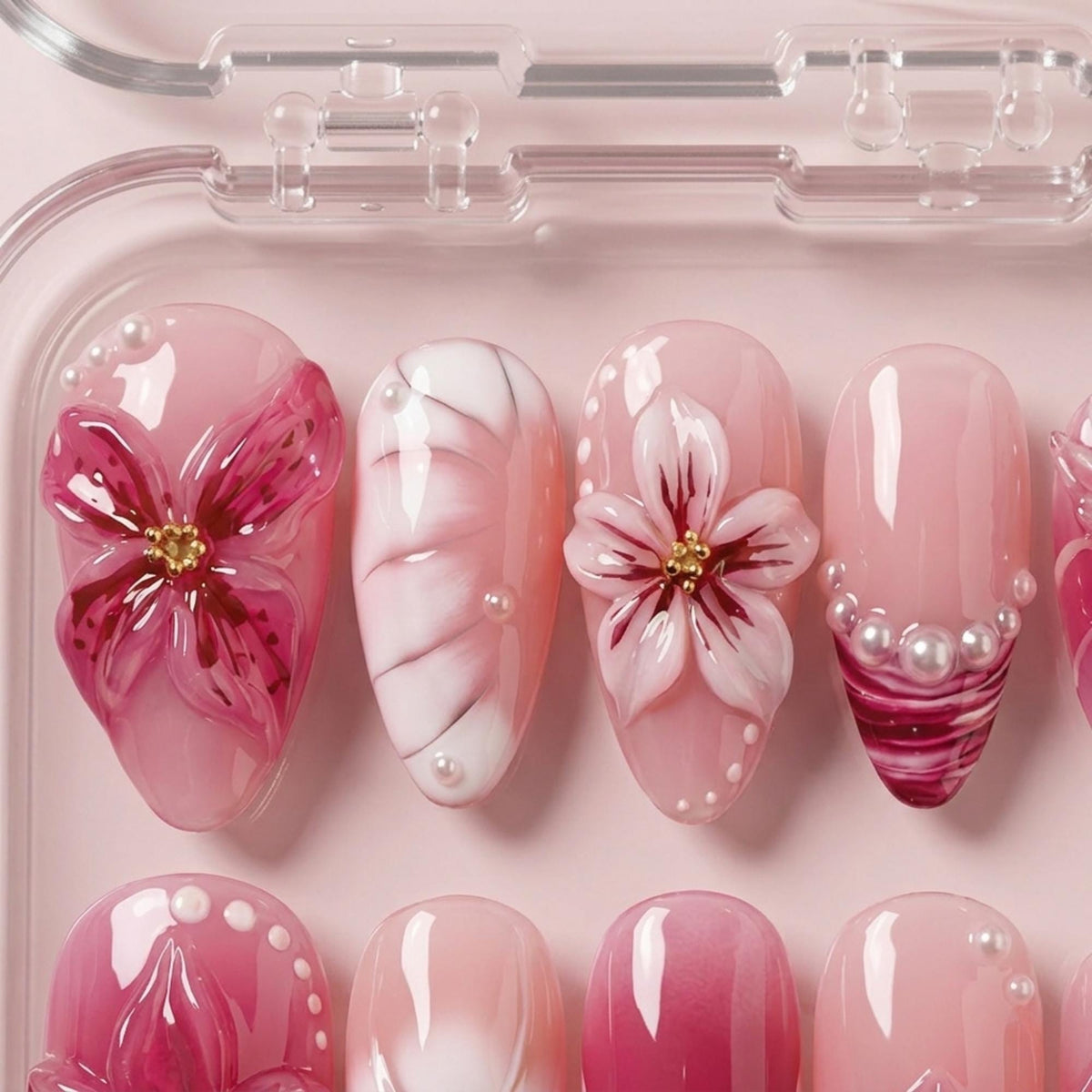 Blush Pink and Magenta 3D Flower Press-On Nails with Pearls and Gold Beads
