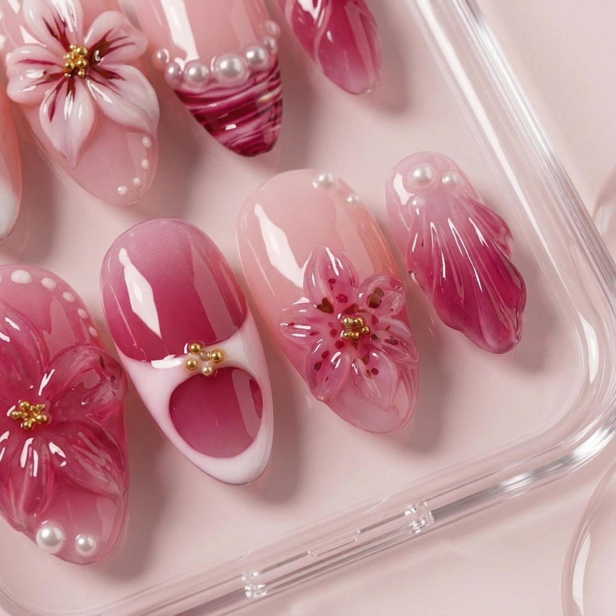 Blush Pink and Magenta 3D Flower Press-On Nails with Pearls and Gold Beads