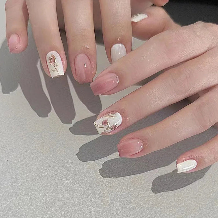 Blush Pink and Milky White Press On Nails with Botanical Flower Accents
