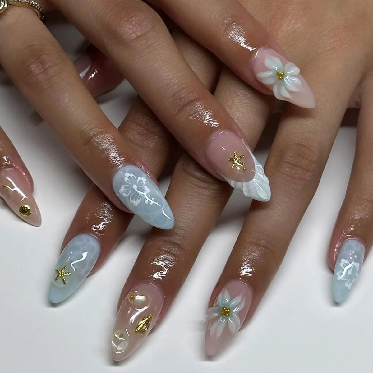 Blush Pink and Pale Blue Floral Press On Nails with Gold Details