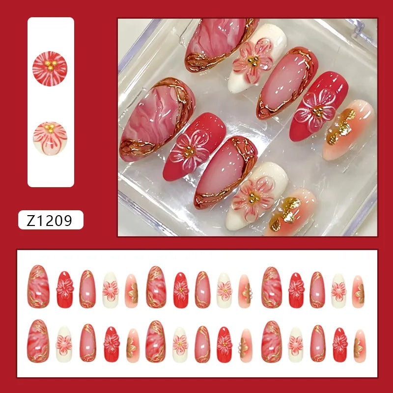 Blush Pink and Red Blossom Nails with Gold Accents