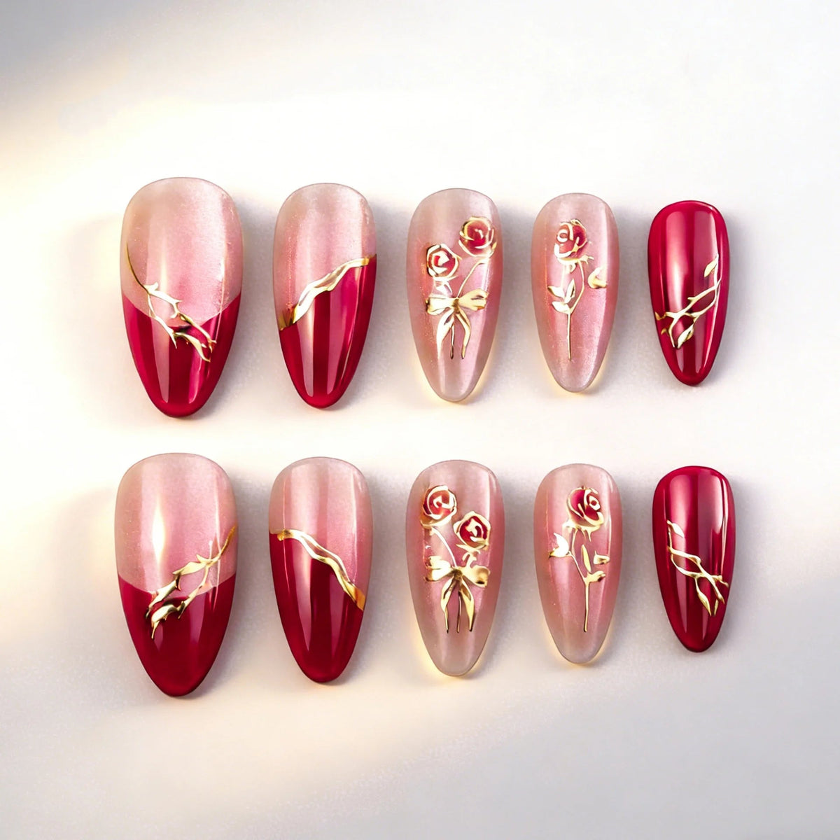 Blush Pink and Red French Tip Nails with 3D Roses and Gold Branches