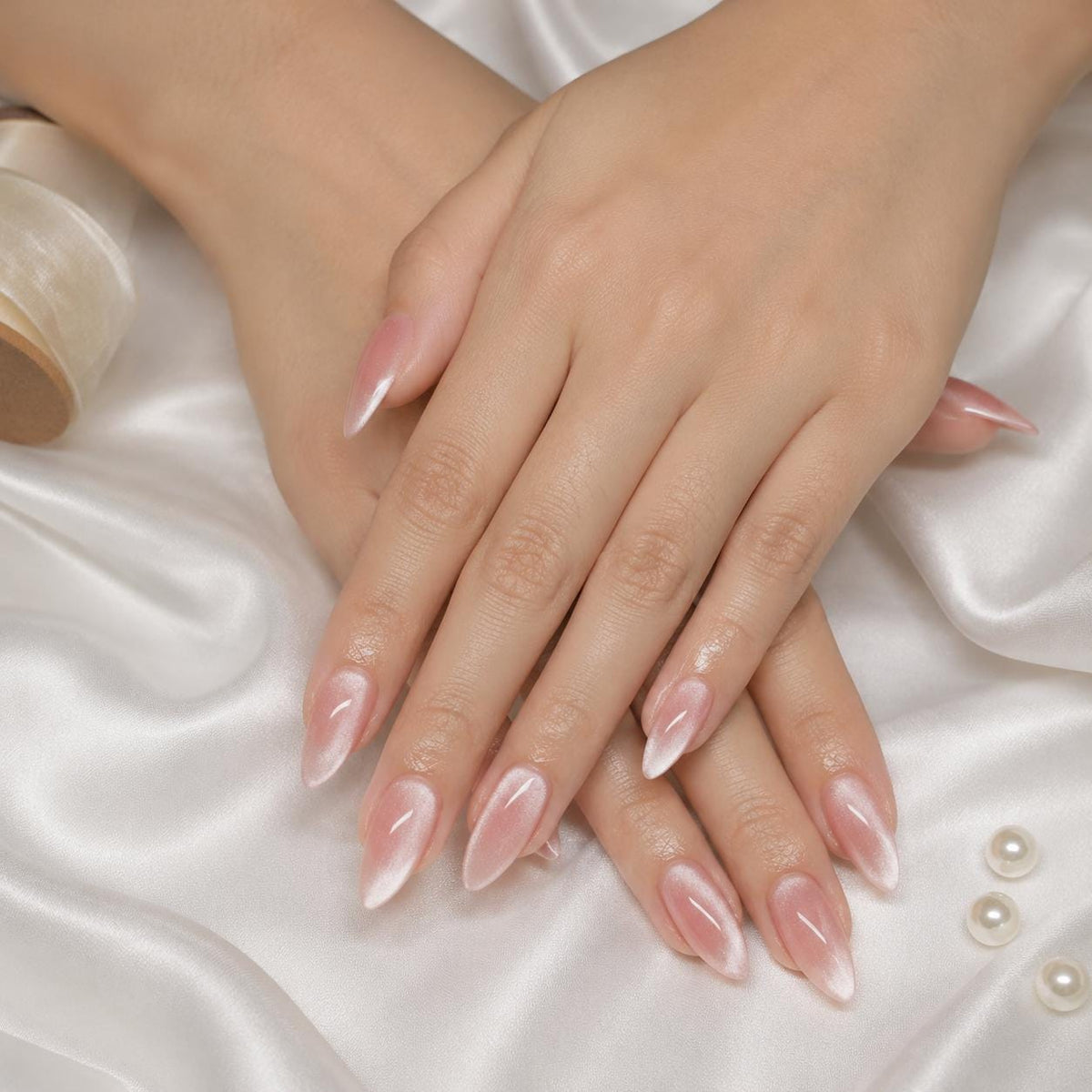 Blush Pink and Silver Cat Eye Press On Nails