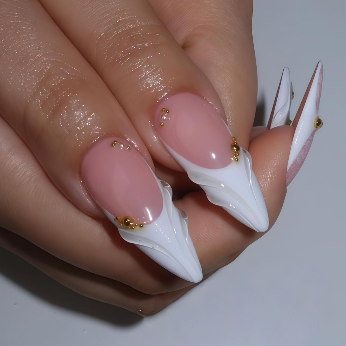 Blush Pink and White 3D Flower Nails with Lace Details and Gold Beads