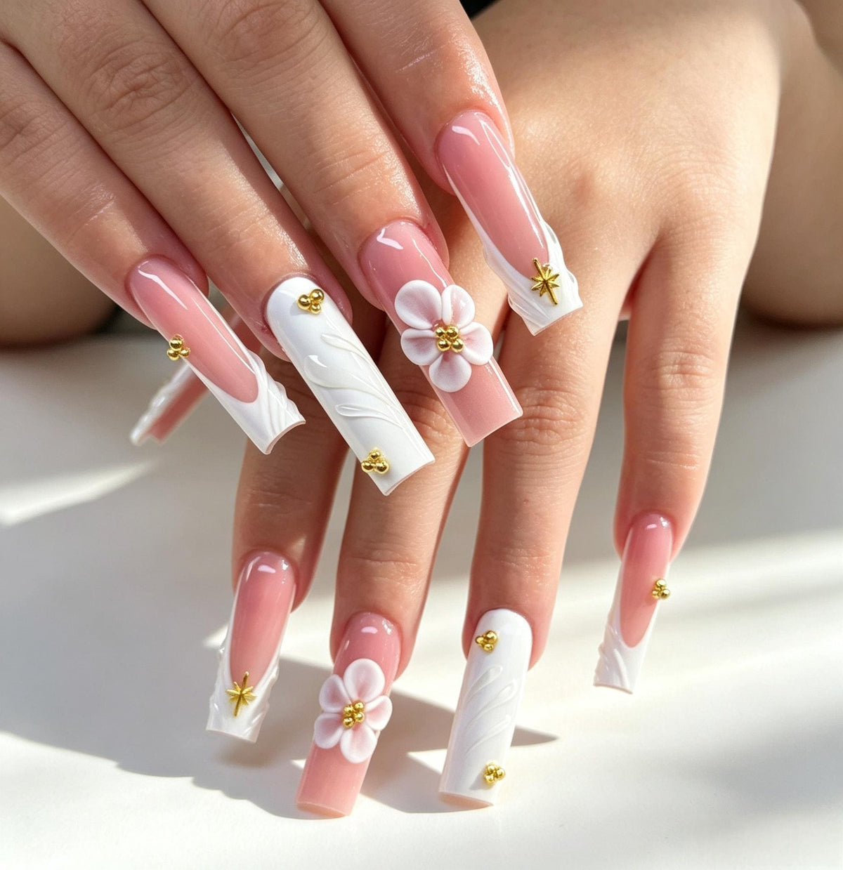 Blush Pink and White Bridal French Tip Nails with 3D Flowers and Gold Beads