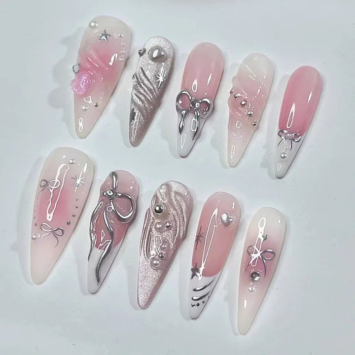 Blush Pink and White Chrome Bow and Star Press-On Nails