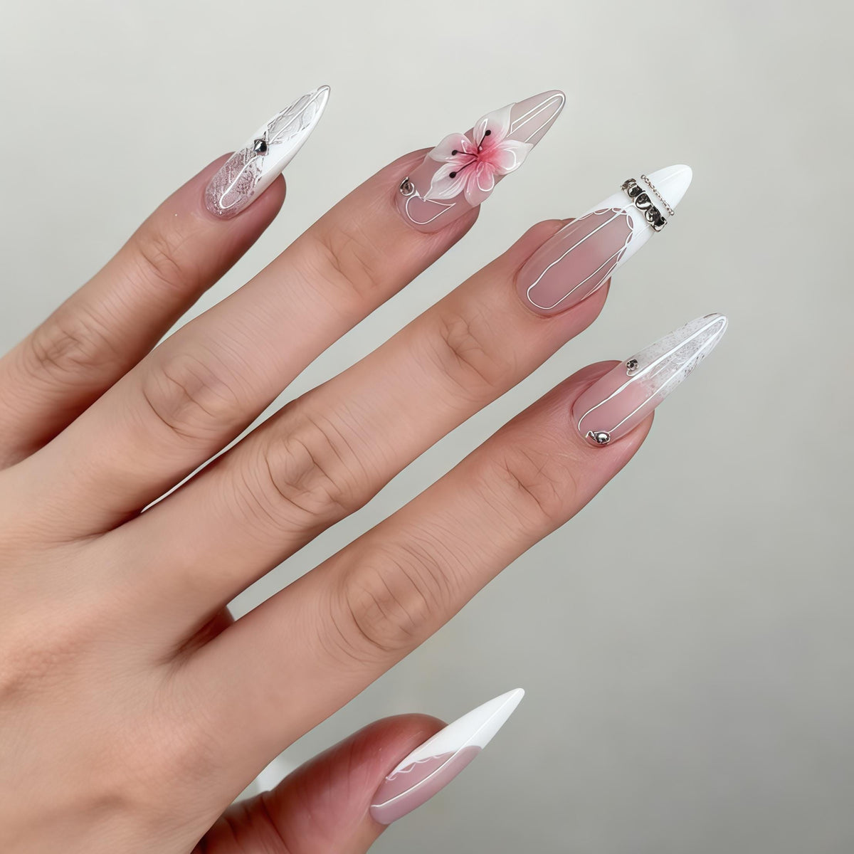 Blush Pink and White Floral Lace Press On Nails with Gold Accents