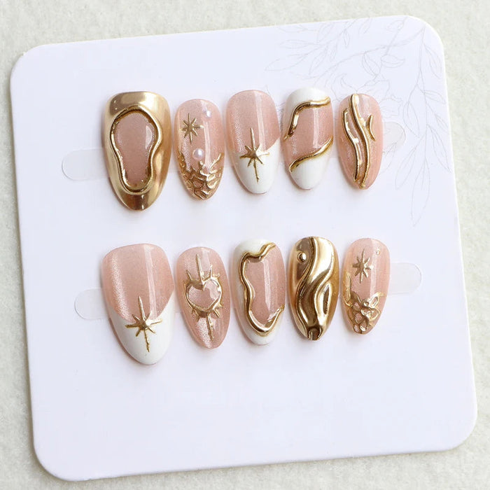 Blush Pink and White Press On Nails with Raised Gold Chrome Swirls and Starbursts