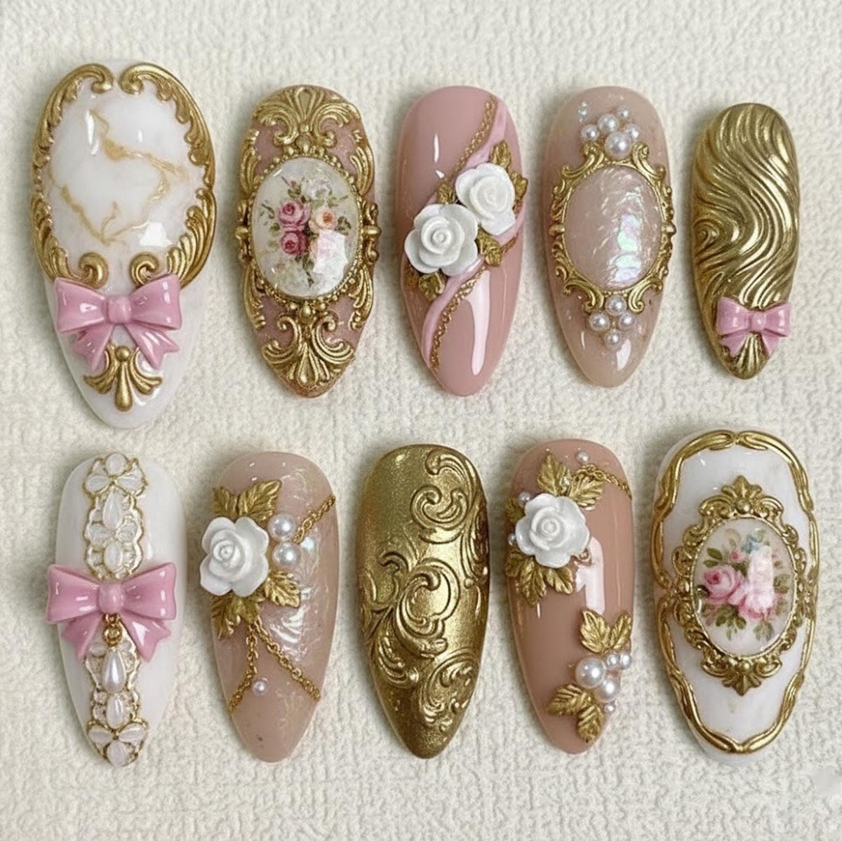 Blush Pink Baroque Cameo Press-On Nails With 3D Roses, Bows and Gold Details