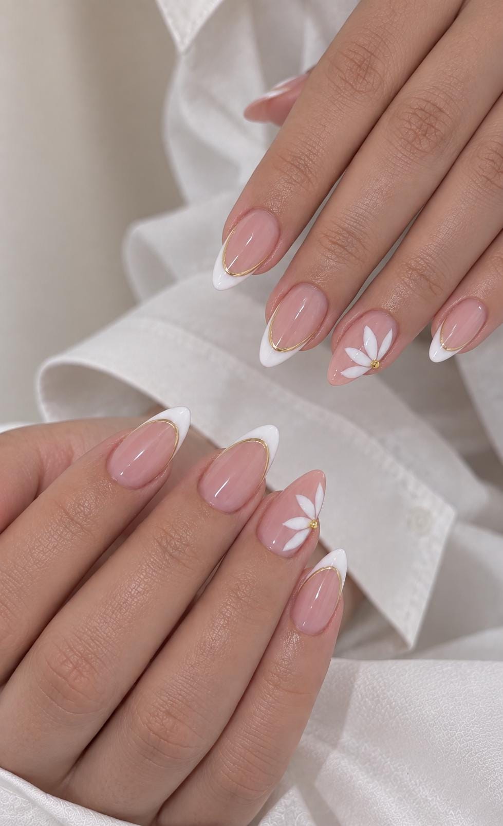Blush Pink Bridal French Tip Nail Set with Gold Lines and White Flowers