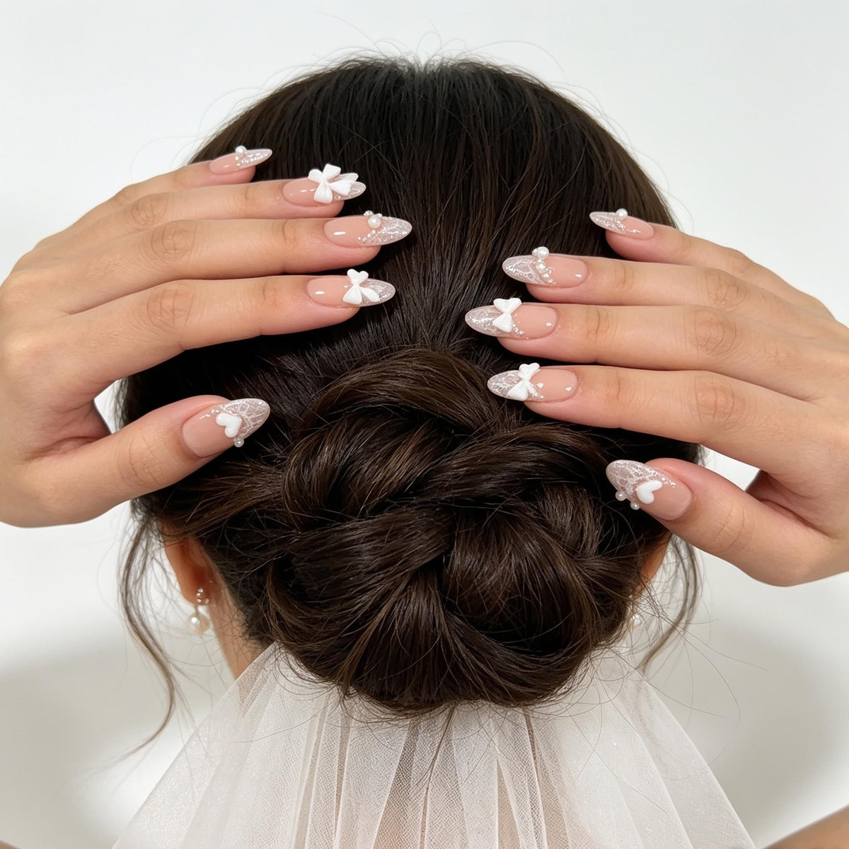 Blush Pink Bridal Lace French Tip Nails With Pearl Accents and 3D White Bows