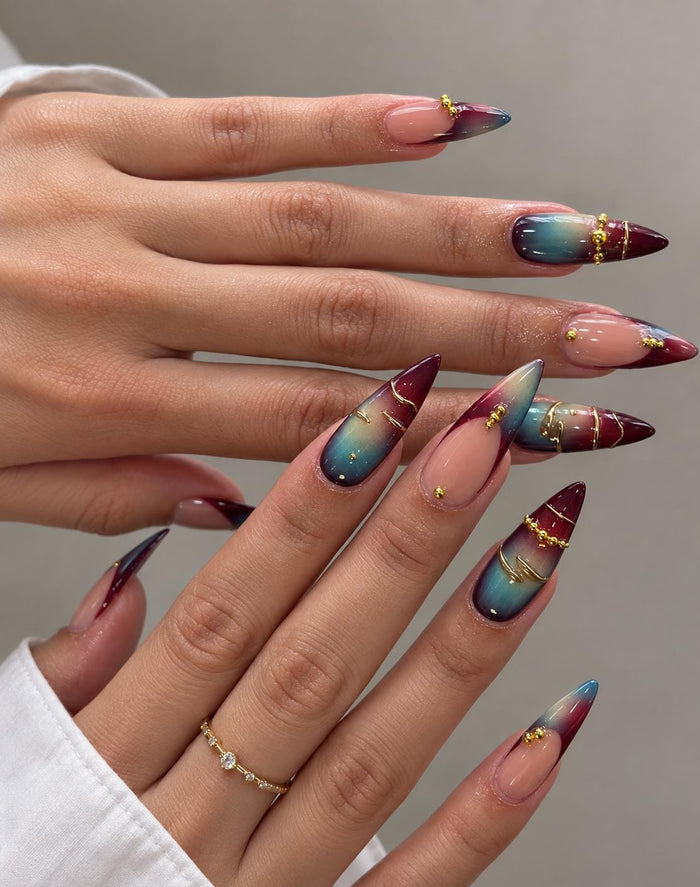 Blush Pink, Burgundy and Teal Aura Press On Nails with Gold Details for Fall and Winter