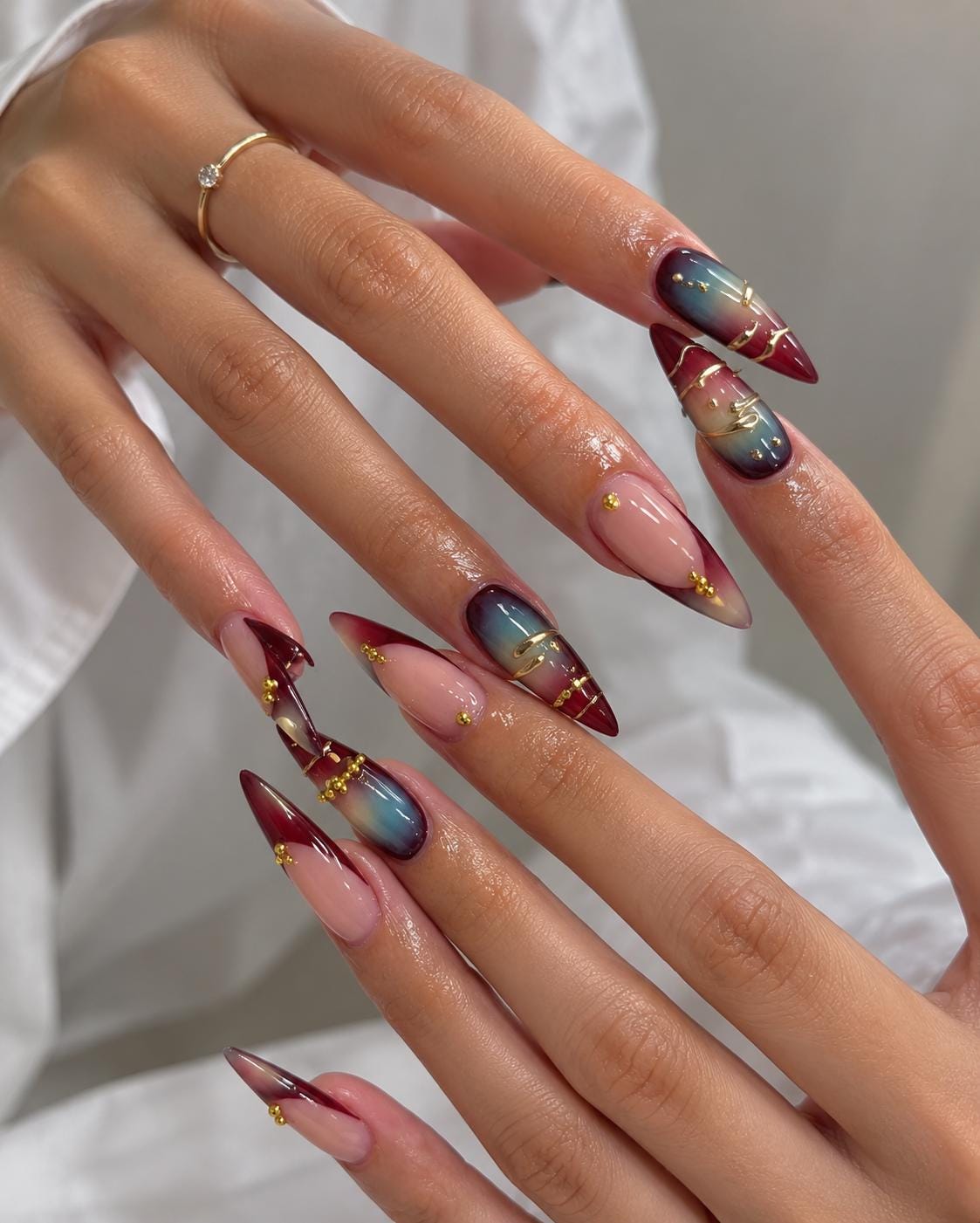 Blush Pink, Burgundy and Teal Aura Nails with Gold Details for Fall and Winter