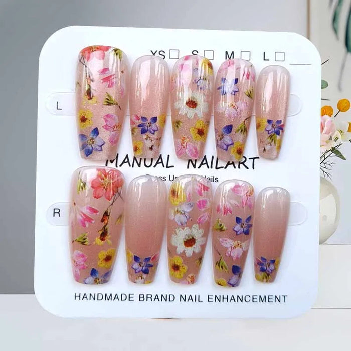 Blush Pink Cat Eye Floral Press On Nails With Colorful Flowers