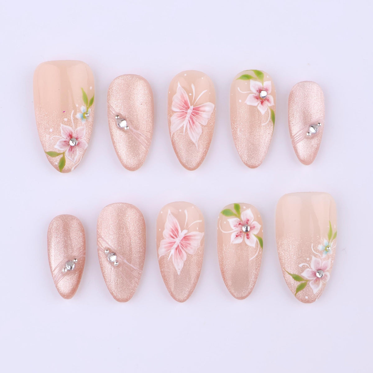 Blush Pink Cat Eye Floral Press On Nails With Crystal Accents