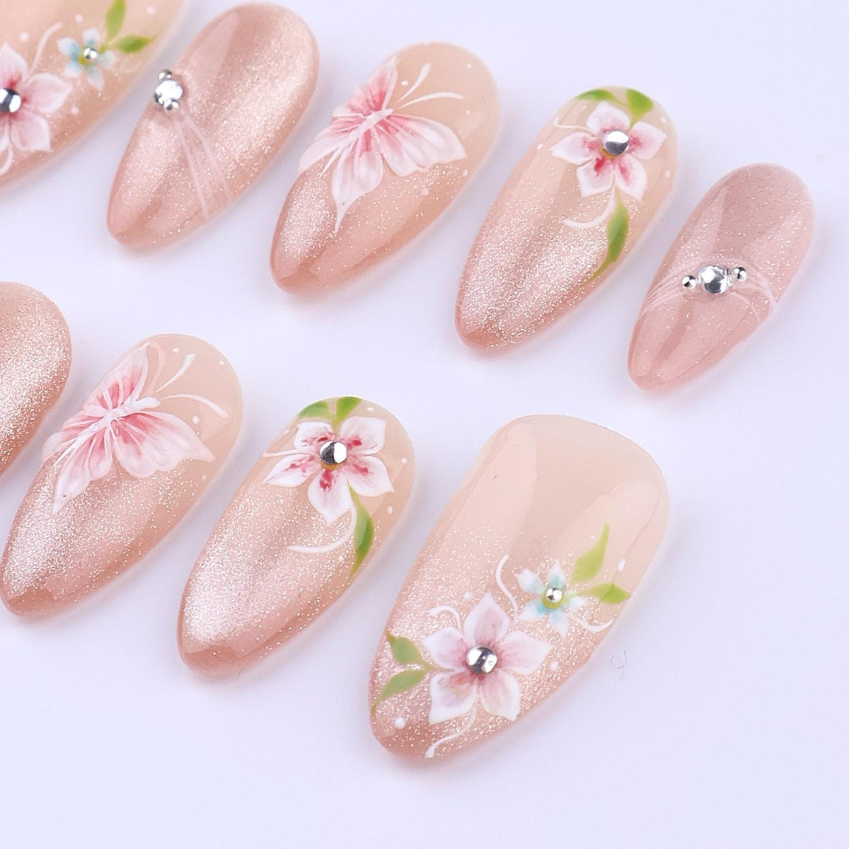 Blush Pink Cat Eye Floral Press On Nails With Crystal Accents