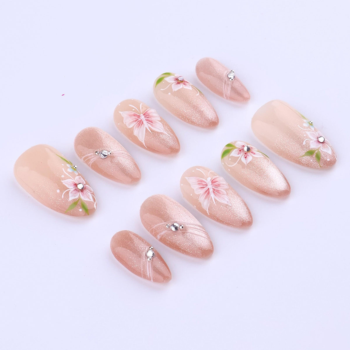 Blush Pink Cat Eye Floral Press On Nails With Crystal Accents
