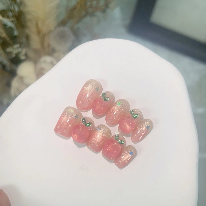 Blush Pink Cat Eye Summer Press On Nails with 3D Pink Apples, Green Leaf Accents and Stars