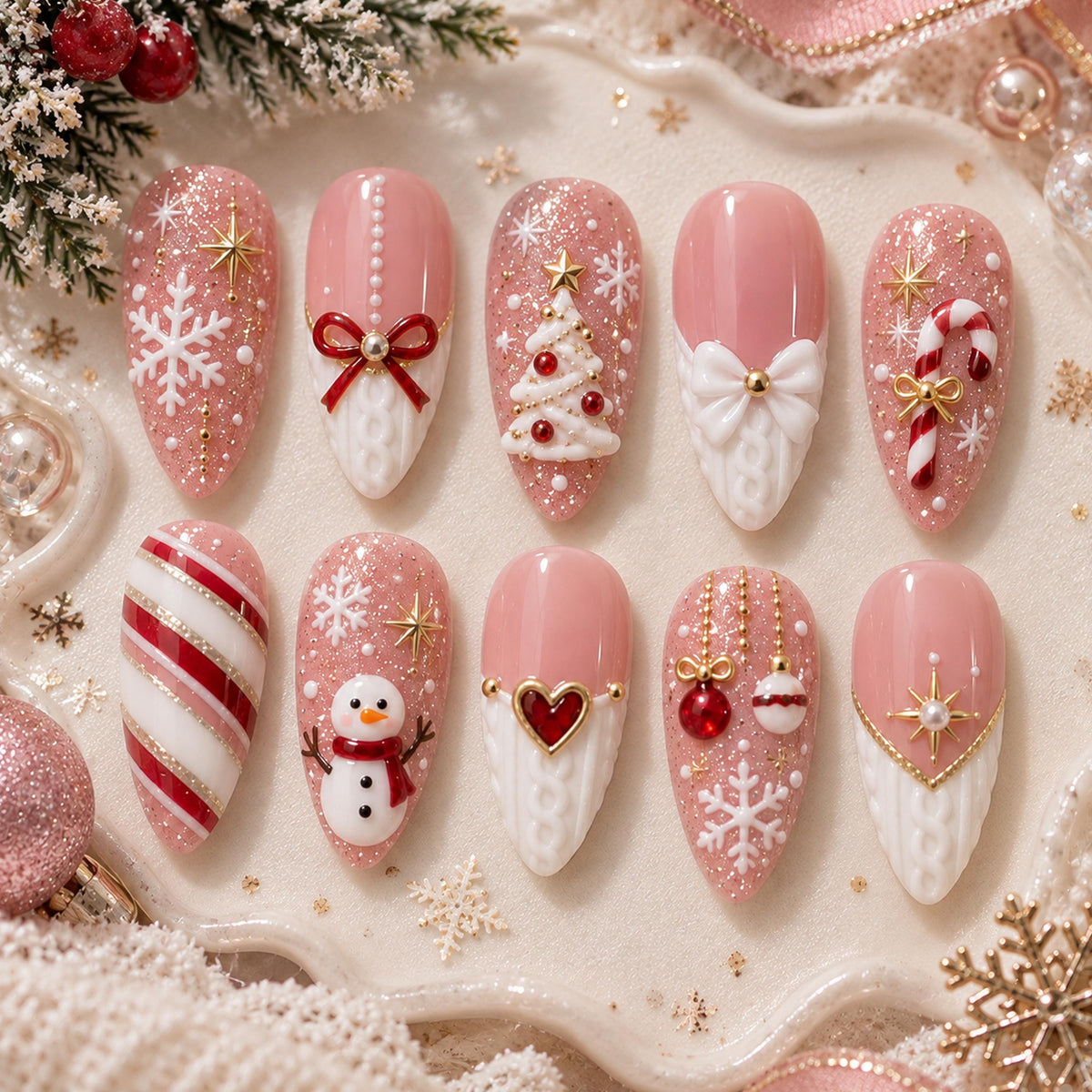 Blush Pink Christmas Nail Set With Snowflakes, Candy Canes and Raised Sweater Details