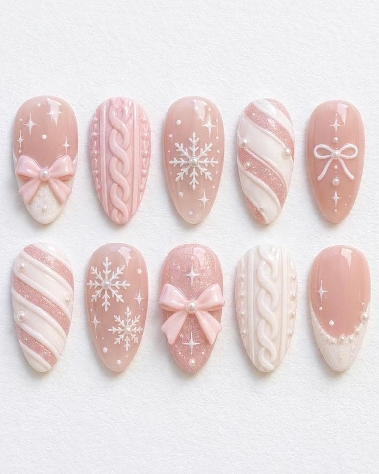 Blush Pink Christmas Nails With Bow, Cable-Knit Texture, Snowflakes and French Tips