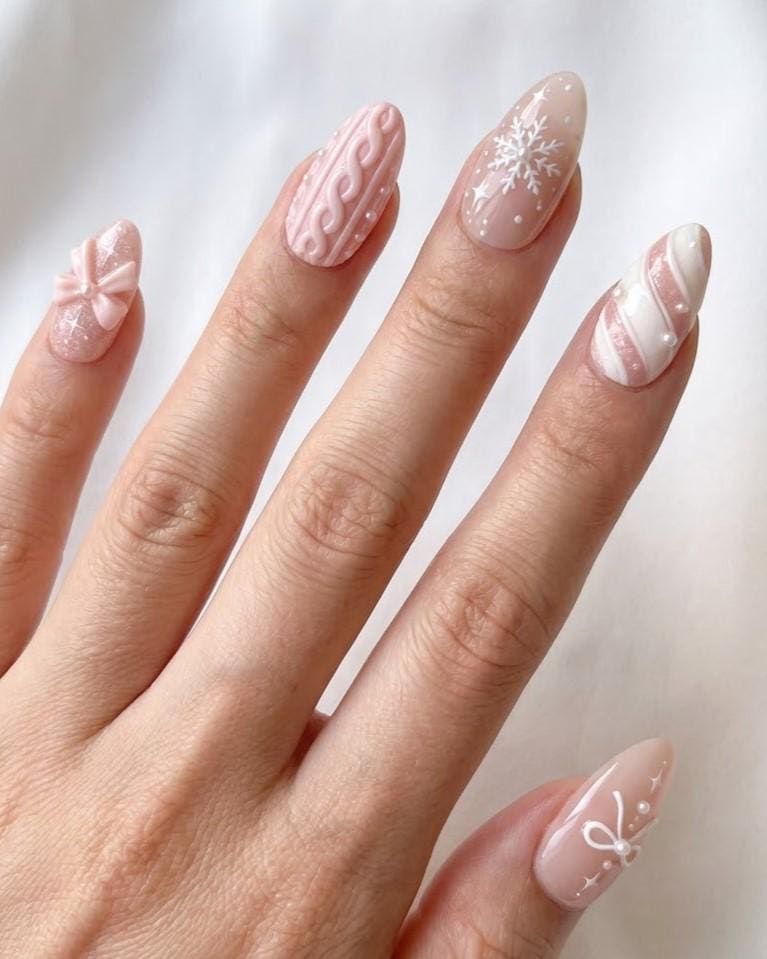 Blush Pink Christmas Nails With Bow, Cable-Knit Texture, Snowflakes and French Tips