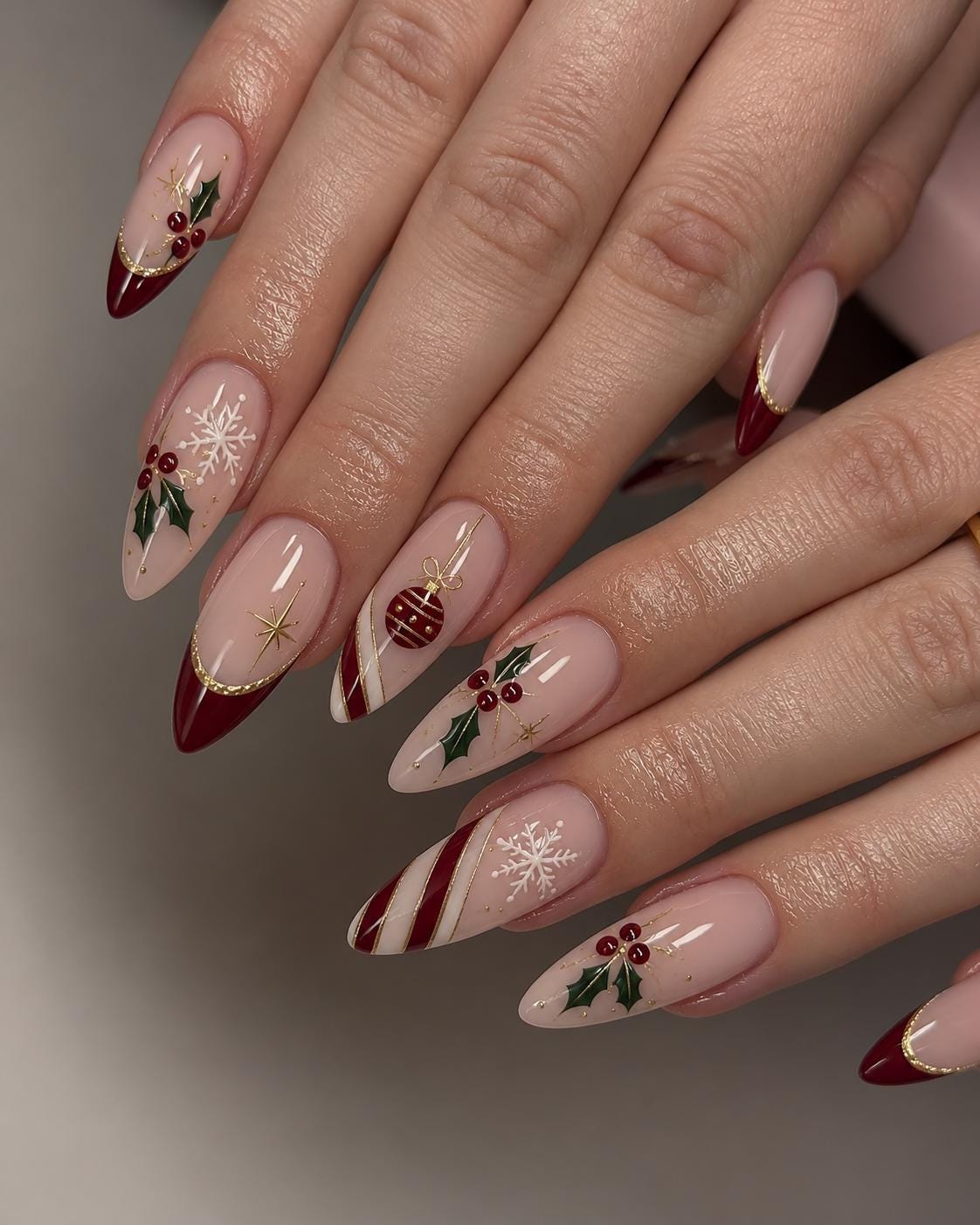 Blush Pink Christmas Nails with Burgundy French Tips, Snowflakes and Holly