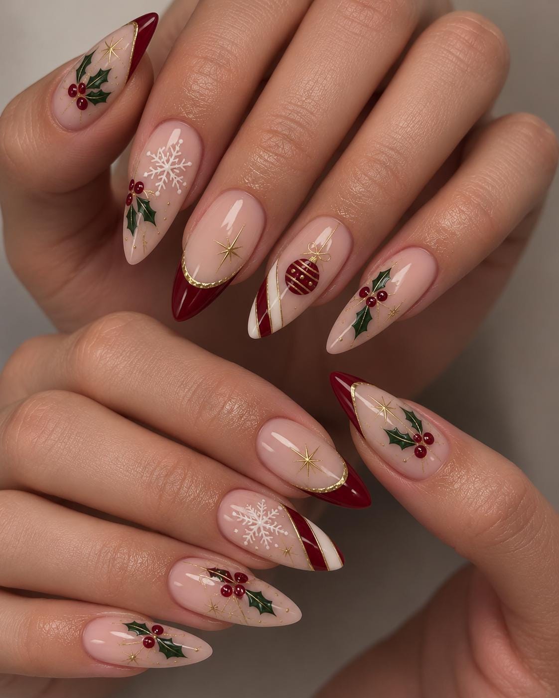 Blush Pink Christmas Nails with Burgundy French Tips, Snowflakes and Holly