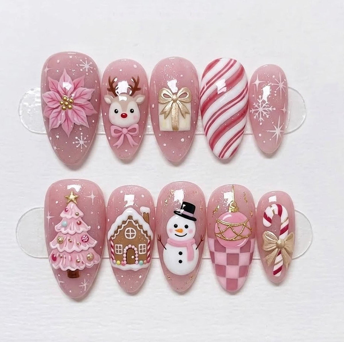Blush Pink Christmas Press On Nails With 3D Holiday Motifs