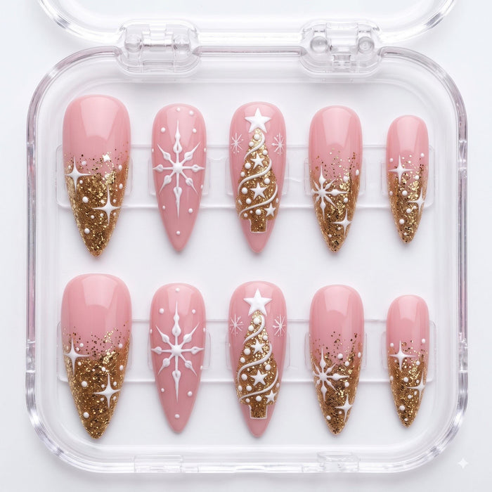 Blush Pink Christmas Tree and Snowflake Press On Nails With Gold Glitter